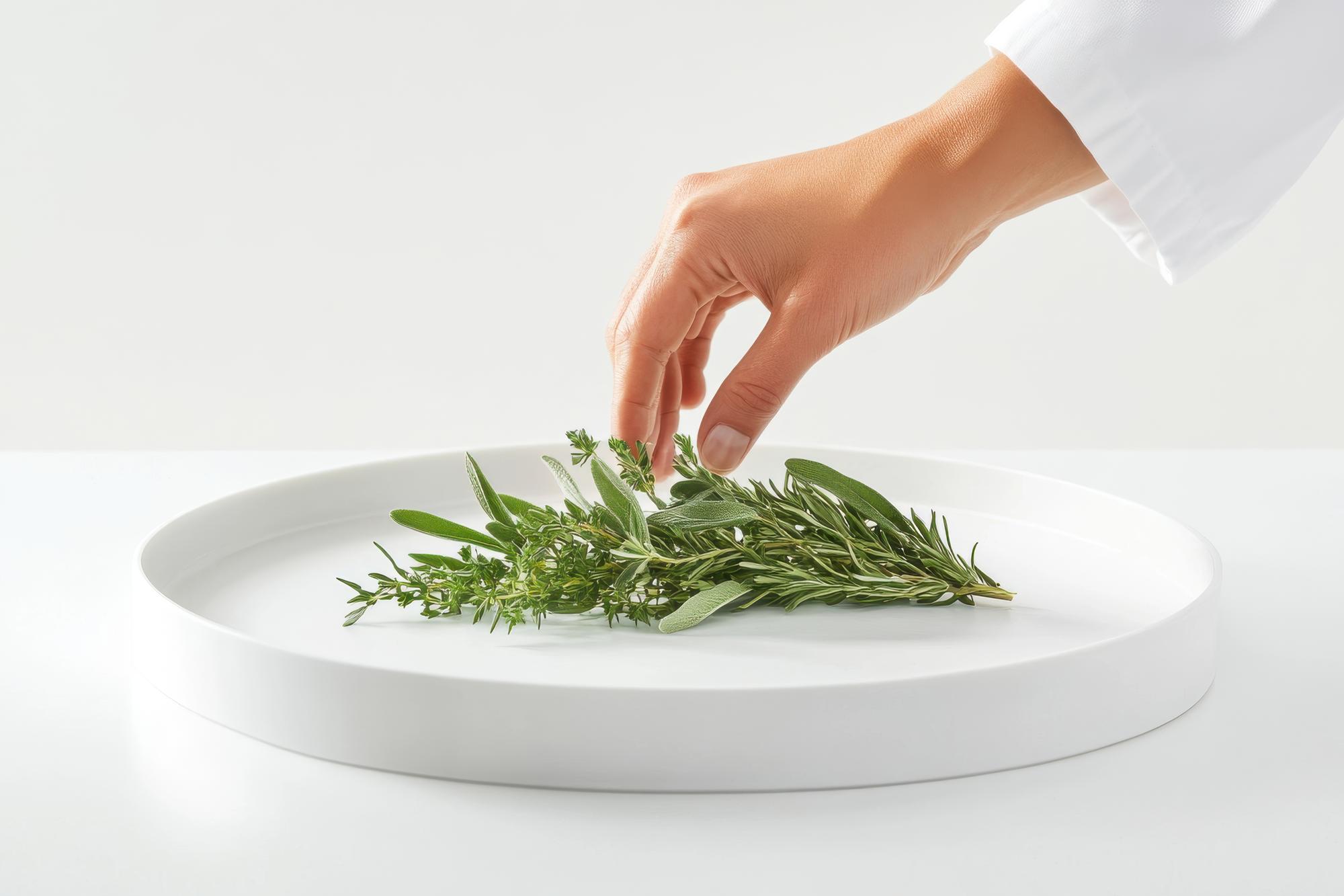 Chef hands arranging herbs on plate
